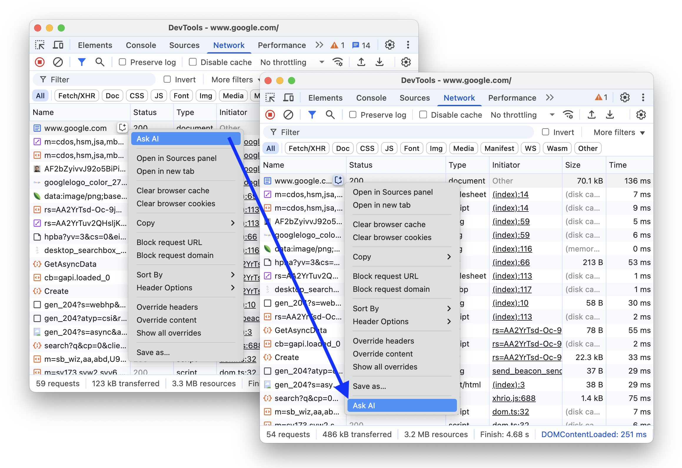 The before and after moving the 'Ask AI' option to the bottom of the drop-down menu.